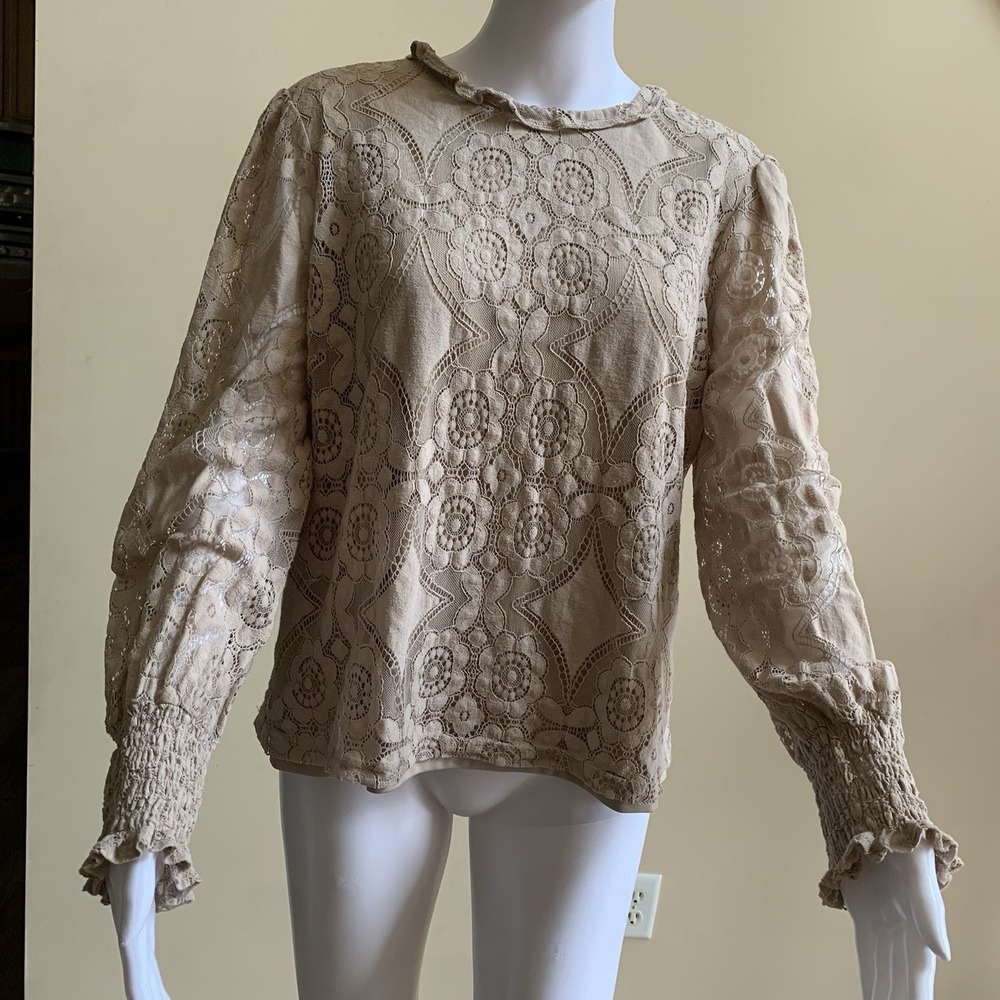ULTRA PINK‎ Cute Floral Lace Beige Top Smocked Long Sheer Sleeve Mock Blouse L